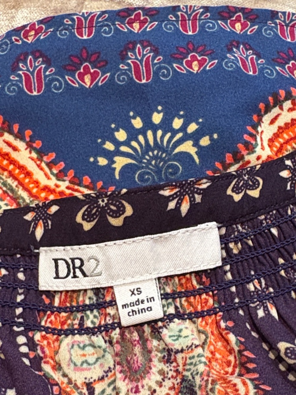DR2 Navy Boho Top with Purple Tassel & Orange Medallion Print XS - Picture 9 of 11
